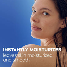 In-shower body lotion applied to neck and shoulder, leaving moisturized skin