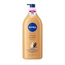 Cocoa butter body lotion bottle, NIVEA blue cap and tan pump-style dispenser