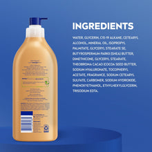 NIVEA cocoa butter body lotion bottle with back-label ingredient panel, tan bottle and blue cap
