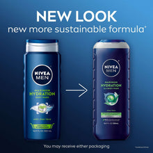 NIVEA MEN body wash bottle showing new look packaging comparison, blue bottles