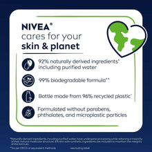 NIVEA cares for your skin & planet label panel on blue NIVEA MEN body wash bottle