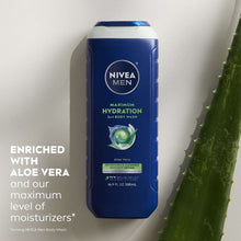 NIVEA MEN body wash bottle with Aloe Vera and moisturizer messaging, blue bottle
