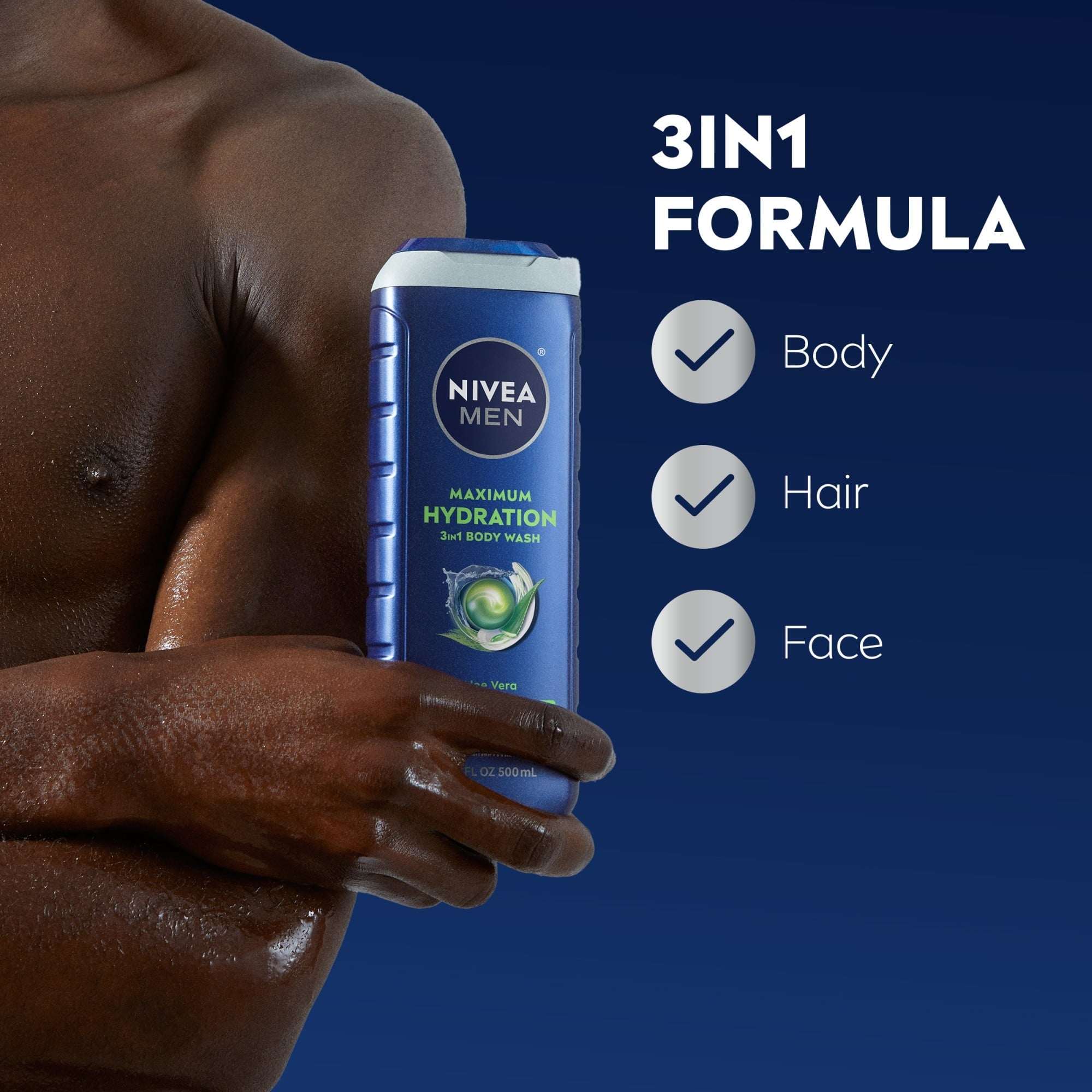 NIVEA MEN Maximum Hydration 3-in-1 Men's Body Wash for Dry Skin with Aloe Vera, 16.9 fl oz
