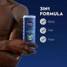 Hand holding NIVEA MEN Maximum Hydration bottle with 3-in-1 formula icons