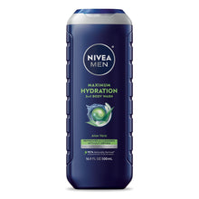 NIVEA MEN Maximum Hydration 3-in-1 body wash bottle, blue with Aloe Vera graphic