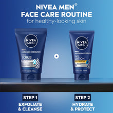 NIVEA MEN face scrub and lotion tubes for a two-step routine