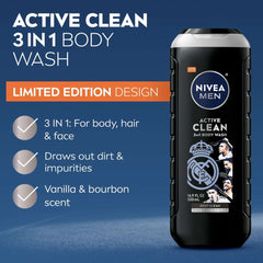NIVEA MEN Real Madrid Limited Edition Design Active Clean 3-in-1 Men's Body Wash with Charcoal, Vanilla Bourbon Scent, 16.9 fl oz