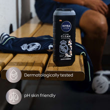 NIVEA MEN Active Clean 3-in-1 body wash bottle on a wooden surface