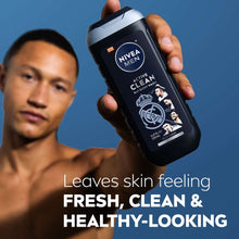 NIVEA MEN Active Clean 3-in-1 body wash bottle held in a hand, limited edition design
