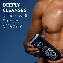 NIVEA MEN Active Clean 3-in-1 body wash bottle held near torso