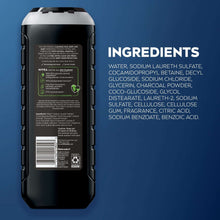 Men's 3-in-1 body wash bottle, dark charcoal-black with back label and ingredients