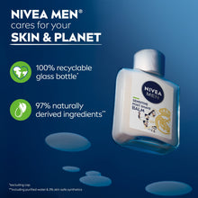 Sensitive post shave balm bottle with silver cap and recyclable glass bottle message
