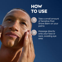 Sensitive post shave balm applied to face, showing bottle with silver cap