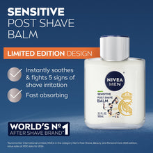 Sensitive post shave balm bottle with silver cap and limited edition Real Madrid emblem