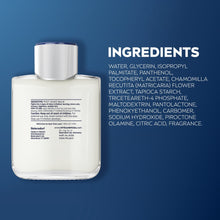 Sensitive post shave balm bottle with silver cap, ingredient panel visible on box