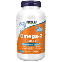 NOW Omega-3 Fish Oil supplement bottle with orange and blue label, 1,000 mg info
