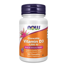 NOW Foods Chewable Vitamin D-3 bottle, 1,000 IU, 180 chewables, dark blue cap.
