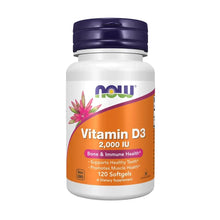Vitamin D3 softgel supplement bottle, 2,000 IU, 120 softgels
