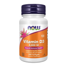 NOW Foods Vitamin D-3 supplement bottle, 2,000 IU, 240 softgels, dark blue cap.