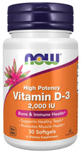 NOW Foods Vitamin D-3 supplement bottle, 2,000 IU, 30 softgels, dark blue cap.