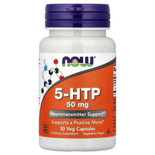NOW Foods 5-HTP 50 mg supplement bottle with purple cap, front label visible