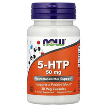 NOW 5-HTP supplement bottle, dark purple cap, orange label showing 50 mg and 30 veg capsules