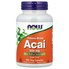 Freeze-dried acai supplement bottle with purple cap, 500 mg label