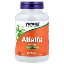Alfalfa supplement bottle with blue cap, label shows 650 mg and 250 tablets