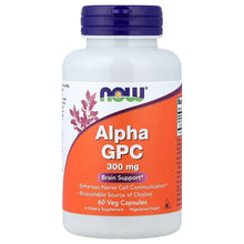 NOW Alpha GPC 300 mg supplement bottle with purple cap, 60 veg capsules label