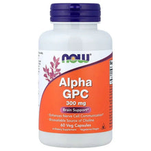 NOW Alpha GPC 300 mg supplement bottle with blue cap and orange front label
