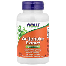 Artichoke extract supplement bottle with blue cap, orange label, 90 veggie capsules