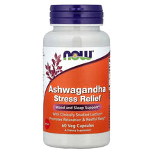 Ashwagandha stress relief supplement bottle, purple cap, orange front label.