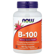B-100 veg capsules bottle with purple cap and orange label front, 100 count