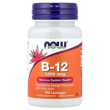 Vitamin B-12 supplement bottle, purple cap, 1,000 mcg, 100 lozenges label
