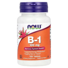 NOW B-1 100 mg vitamin supplement bottle, 100 tablets, purple cap