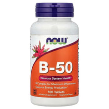 NOW B-50 vitamin B complex tablets bottle with purple cap, front label
