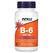 Vitamin B6 supplement bottle, blue cap; label shows 100 mg and 100 veg capsules