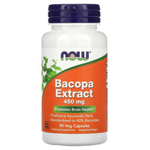 NOW Bacopa Extract 450 mg supplement bottle with label and dark cap