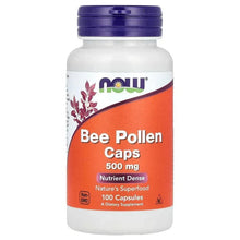 NOW Bee Pollen Caps bottle front label, 500 mg, 100 capsules.