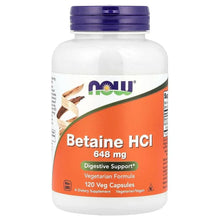 NOW Foods supplement bottle with purple cap and orange Betaine HCl label