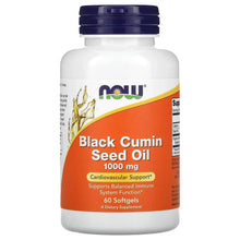 Nutritional supplement bottle with navy cap and orange label for black cumin seed oil