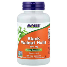 Black walnut hulls supplement bottle, 500 mg label, NOW logo, purple cap