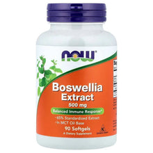 Boswellia extract supplement bottle with blue cap, orange label, 500 mg, 90 softgels