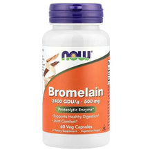 NOW Foods Bromelain bottle with blue cap, orange front label for 60 veg capsules