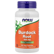 NOW Burdock Root 430 mg veg capsule bottle, purple cap and orange front label