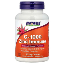 NOW C-1000 Zinc Immune supplement bottle with purple cap and orange front label