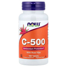 NOW Foods C-500 vitamin supplement bottle with rose hips, 100 tablets, purple cap