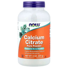 Calcium citrate powder bottle with orange front label and purple cap