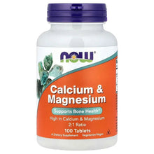 Calcium and magnesium supplement bottle with blue cap and front label