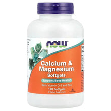 Calcium and magnesium softgel supplement bottle, purple cap, orange label with vitamin D3